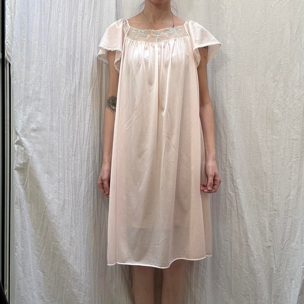 Light Pink Nightgown Mesh Embroidered Neckline Short Flutter Sleeves Vintage 70s